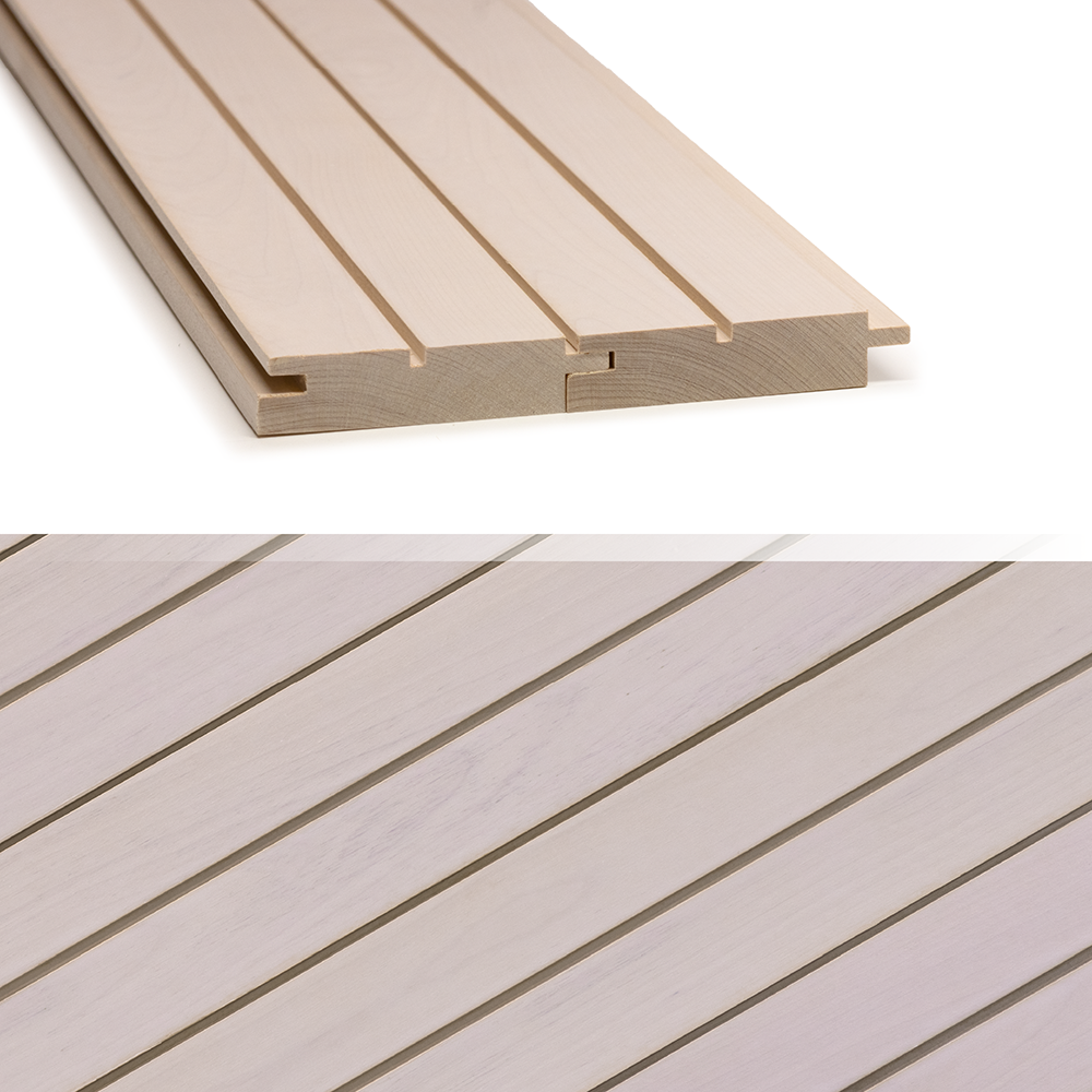 Koo2, "Kuultava valkoinen," is a smooth-surfaced, sleek birch interior wall panel whose slatted appearance adds a modern rhythm to the space.