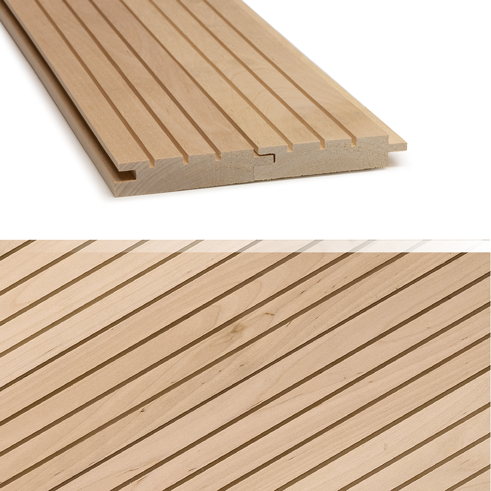 Koo4, a pre-finished product, is a smooth-surfaced, sleek birch interior wall panel whose slatted appearance adds a modern rhythm to the space.