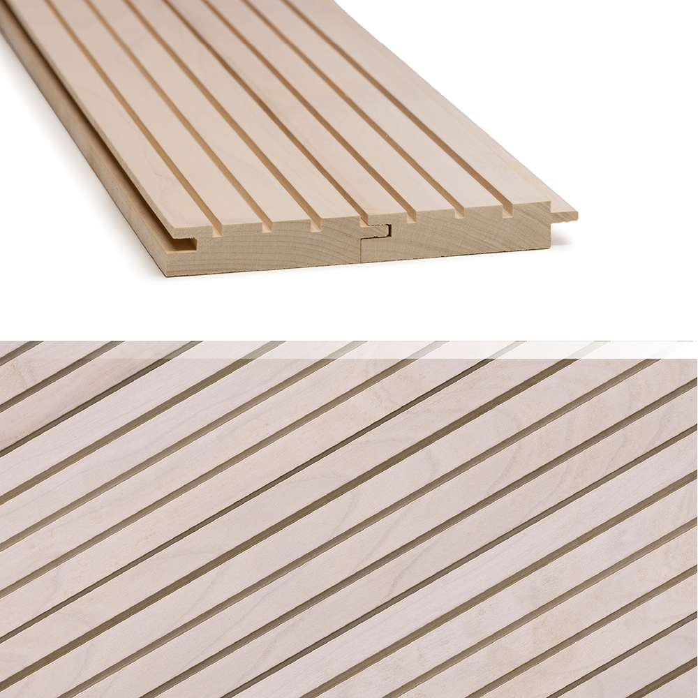Koo4, "Kuultava valkoinen," is a smooth-surfaced, sleek birch interior wall panel whose slatted appearance adds a modern rhythm to the space.