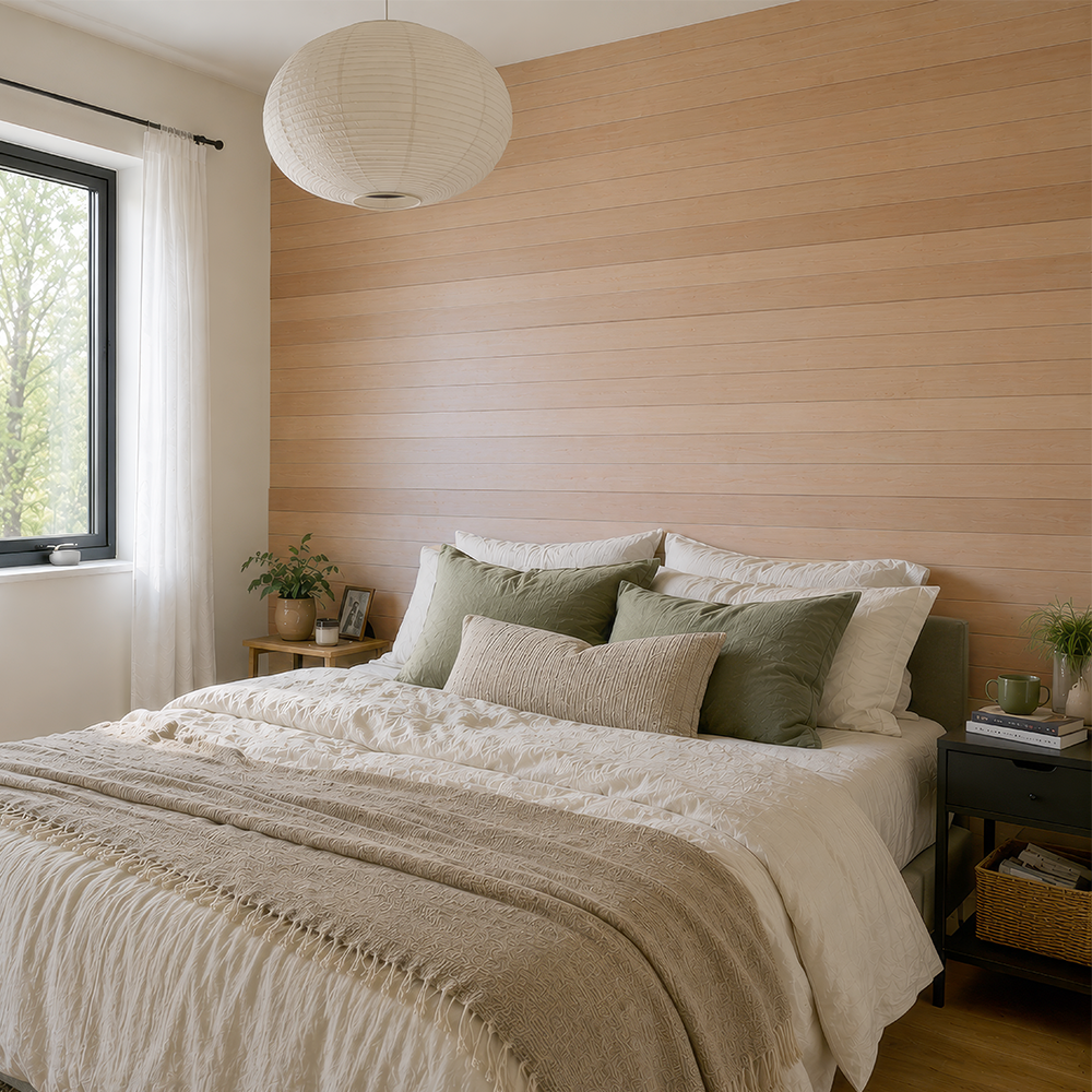 Visualization of the Koo2 decorative panel on a bedroom wall.