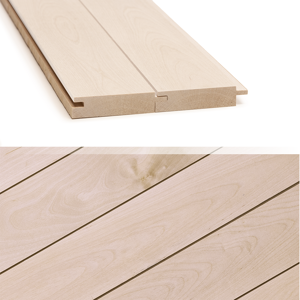 Koo, "Kuultava valkoinen," is a smooth-surfaced, sleek birch interior wall panel whose slatted appearance adds a modern rhythm to the space.